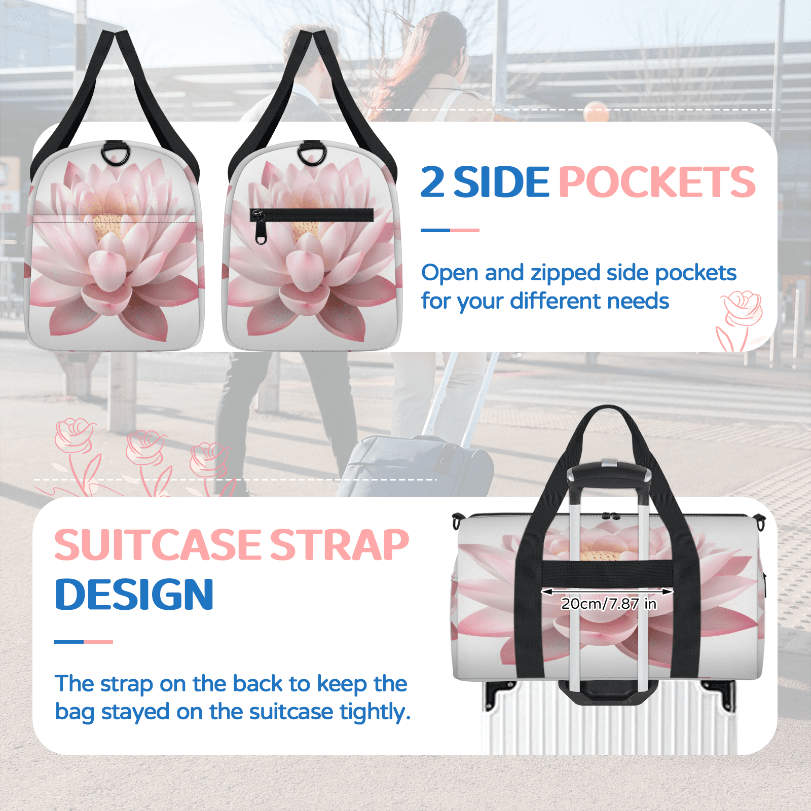 Herdesigns Lotus Travel Duffle Bag Sports Yoga Weekender Overnight Carry on Workout Bags Lightweight Waterproof Gym Tote Bag for Women Pink Floral