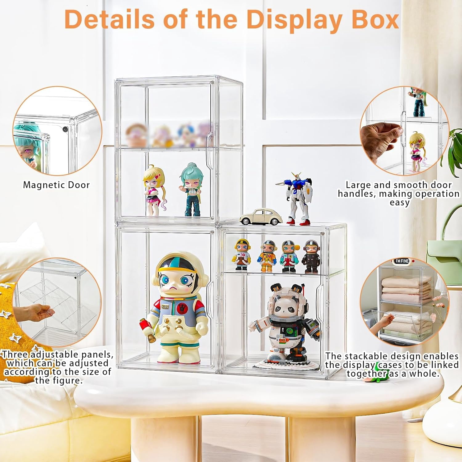 Acrylic Display Case for Collectibles, Clear Box with 3 Adjustable Layers and Magnetic Door, Stackable Storage Box/Bins Figures,Lego, Book