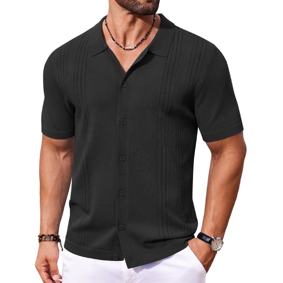 COOFANDY Mens Knit Button Down Shirt Vintage Short Sleeve Polo Shirts Casual Beach Tops Fashion Hawaiian Shirt