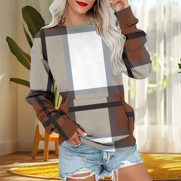 Sakmal Trendy Sweatshirts for Women Long Brown Color Block Sweatshirts Fashion Fall Fashion Tops with Pockets