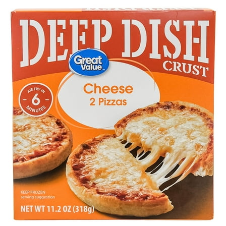 Great Value Deep Dish Cheese Pizza with Zesty Tomato Sauce, 11.2oz, 2 Count (Frozen) Allergens: milk, wheat, and soy.