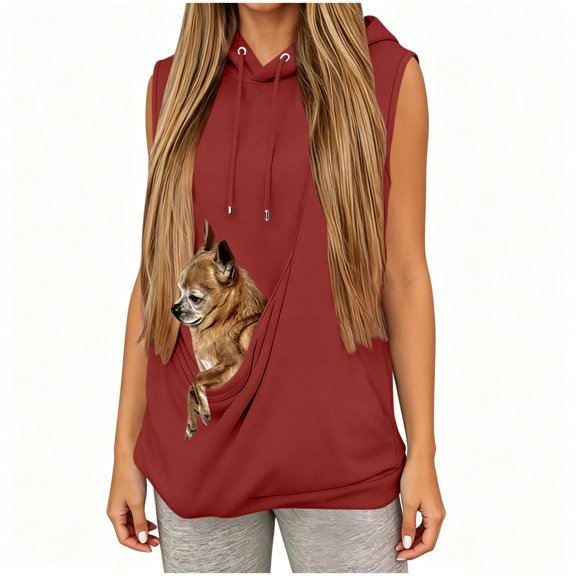 Women's Sleeveless Hoodies Dog & Cat Pouch Hoodie Oversized Hooded Pocket Sweatshirt Solid Color Pet Carrier Pullover Lightweight Comfy Animal Holder Sweatshirts Tops