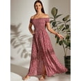 thumbnail image 3 of Burgundy Off Shoulder Shirred Bodice Ditsy Floral Maxi Dress With Side Slit, 3 of 6