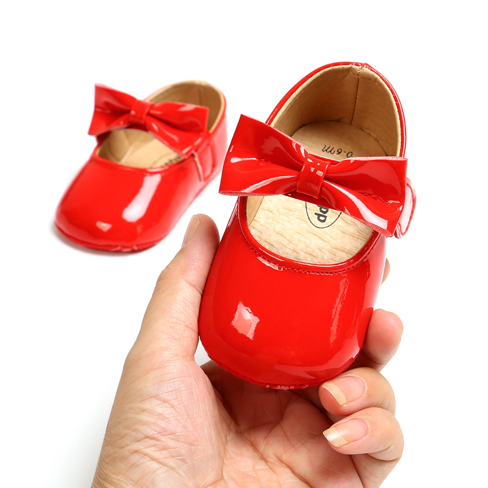 Newborn Baby Girls Shoes PU leather Buckle First Walkers With Bow Red Black Pink White Soft Soled Non-slip Crib Shoes Red L - image 5 of 7
