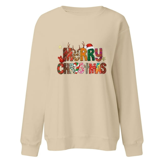 Sudadera Casual Gibobby para Mujer con estampado de Navidad Cuello redondo Manga larga sin capucha Beige M