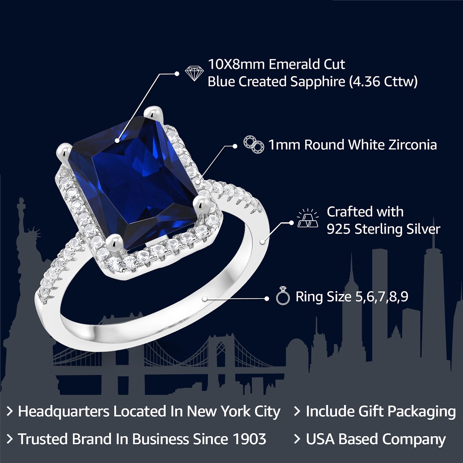 Gem Stone King 925 Sterling Silver Blue Created Sapphire Engagement Ring for Women (4.36 Cttw, Emerald Cut 10X8MM, Gemstone September Birthstone, Size 8)