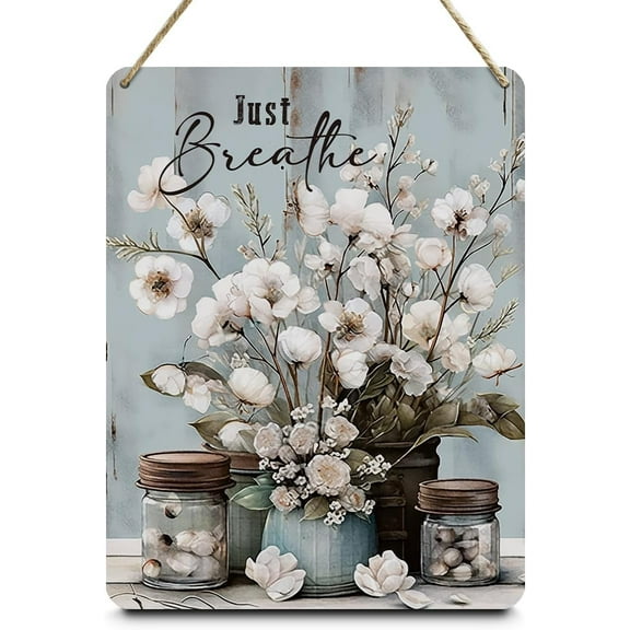 Bathroom Decor Cotton Flower Wooden Sign Just Breathe Rustic Wall Hanging Plaque Sign for Home Office Living Room Bedroom Kitchen Cubicle Front Door Cafe Bar 8x12 Inch