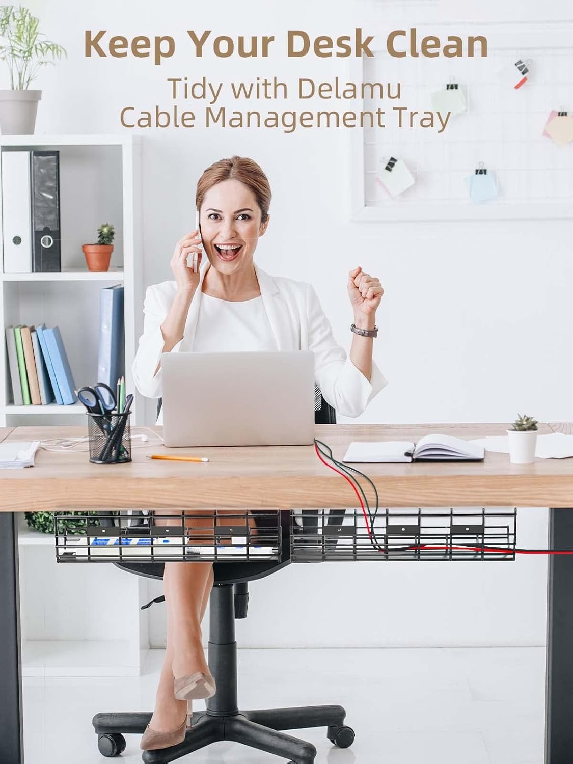 Delamu 2 Pack Under Desk Cable Management Tray, Desk Cord Organizer Cable Management Box, Black