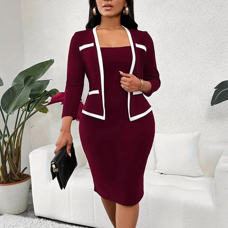 MORTTIC Women's 2-in-1 Contrast Trim Bodycon Dress Elegant Notch