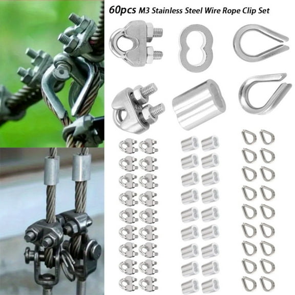 60Pcs M3 Stainless Steel Wire Rope Cable Clip clamp M3 Stainless Steel Thimble M3 Aluminum Crimping Loop Sleeve for 1/8 inch Wire Rope Cable