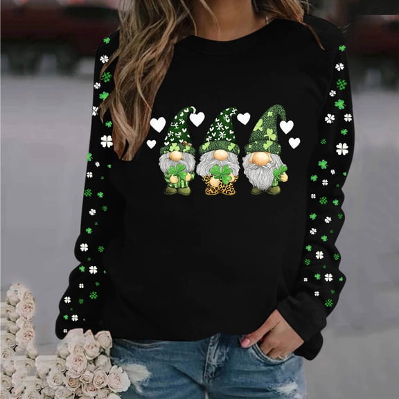 Cadancy Saint Patricks Day Shirt Women Long Sleeve Crew Neck Irish Shamrock Graphic Cute Sweatshirts Pullover Loose Casual Holiday Trendy Tops
