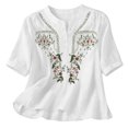 thumbnail image 4 of JULMCOMO Cotton Linen Shirts for Women Floral Embroidery Henley Short Sleeve Loose Vintage Blouses Comfy Casual Shirts White 2XL, 4 of 7