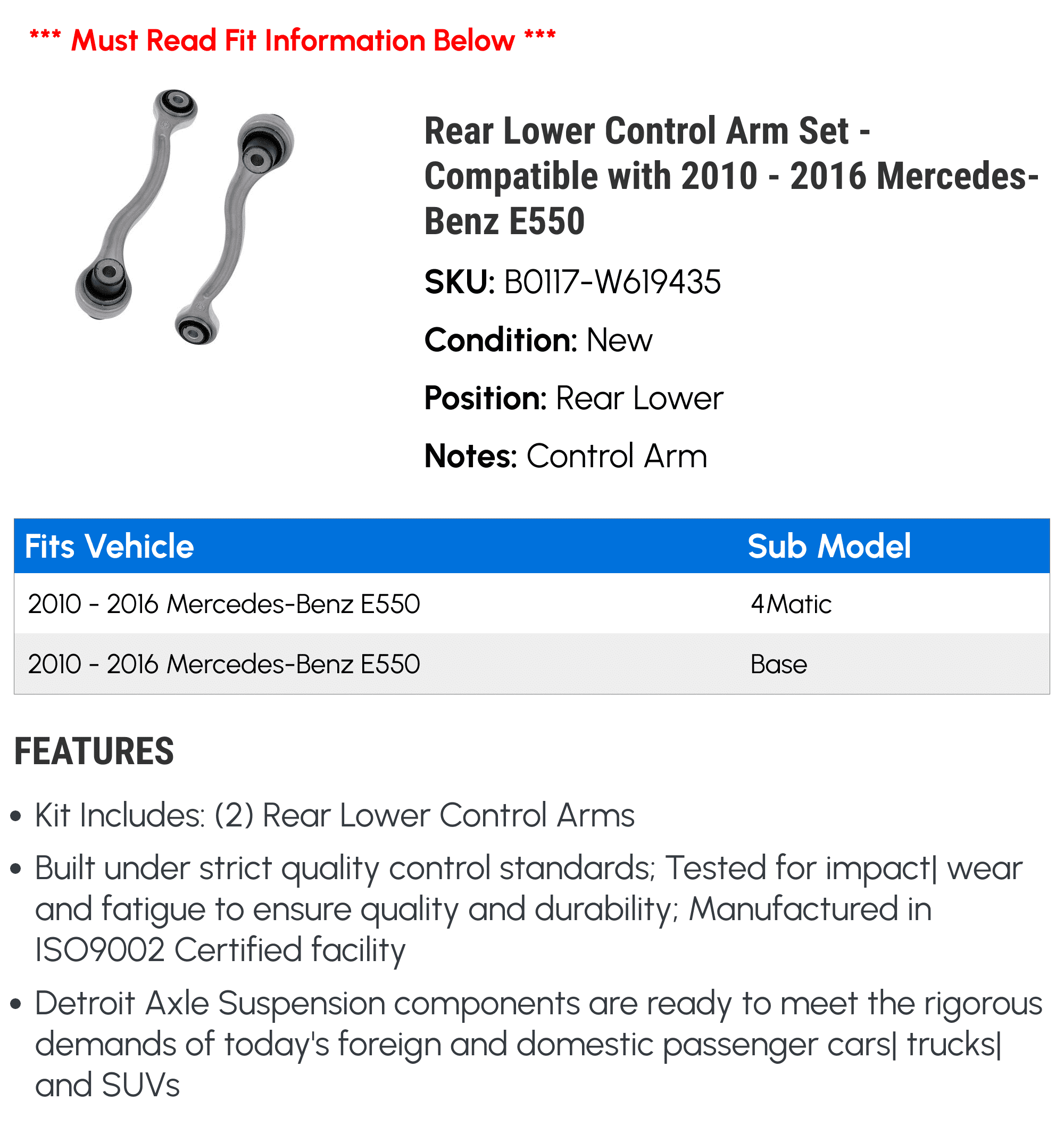 Rear Lower Control Arm Set - Compatible with 2010 - 2016 Mercedes-Benz E550 2011 2012 2013 2014 2015