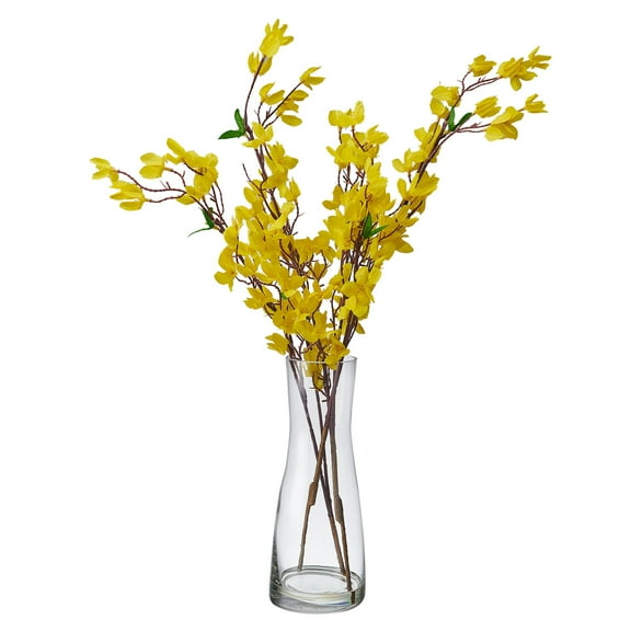 Elements Artificial Realistic Look and Feel Forsythia Arrangement in Clear Glass Vase
