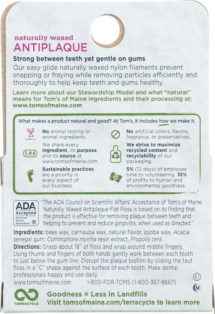Tom's of Maine Naturally Waxed Anti-Plaque Flat Floss Spearmint 32 Yards (Pack of 5)