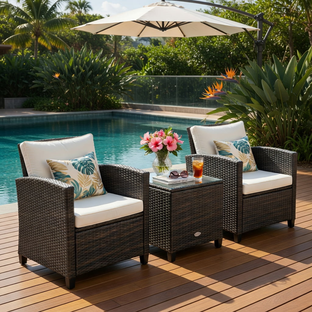 Hommoo 3-Piece Outdoor Rattan Patio Furniture Set with Cushioned Chairs & Tempered Glass Coffee Table, Navy
