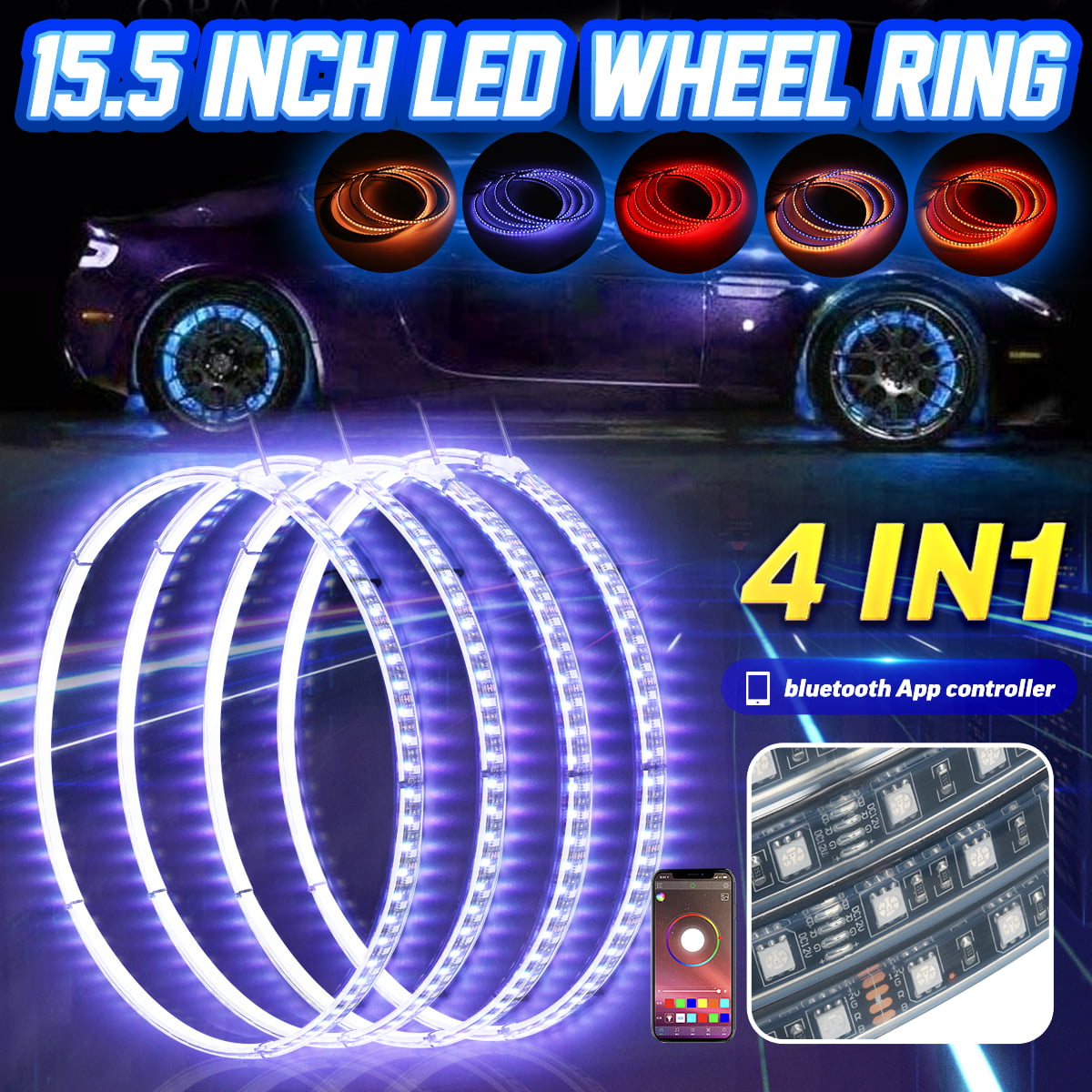 FIA OFF-Road 15.5" RGB LED Wheel Rings Lights Bluetooth IP68 4Pcs Set Turn Brake