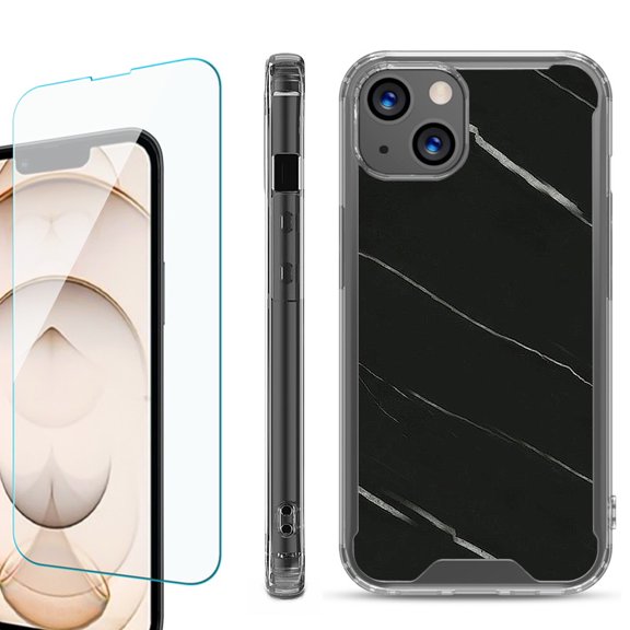 Shockproof Bumper Phone Case for iPhone 13, with Tempered Glass Screen Protector, by OneToughShield ® - Marble / Black