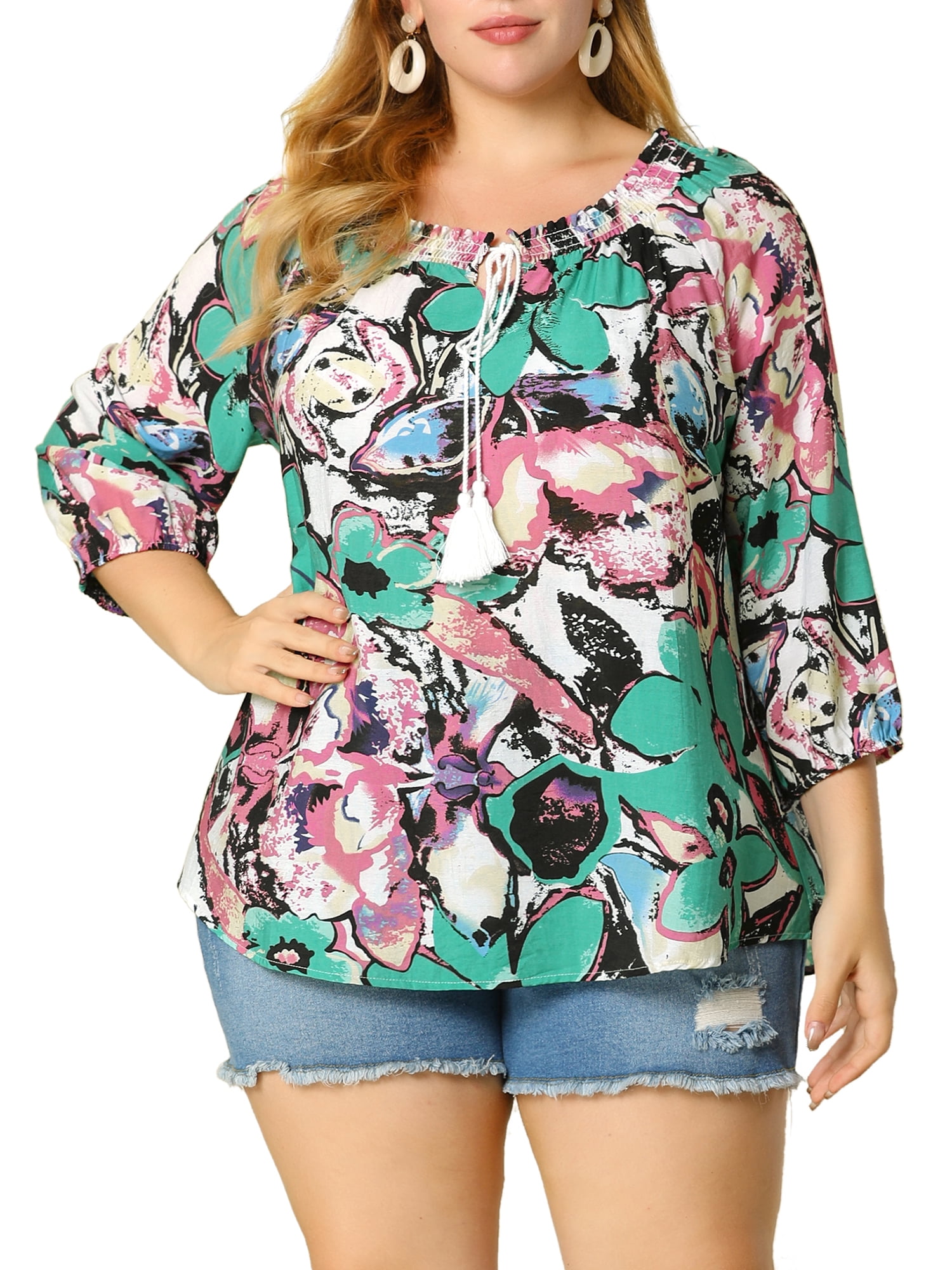 Agnes Orinda Juniors' Plus Size 3/4 Sleeves Self Tie Neck Loose Blouse