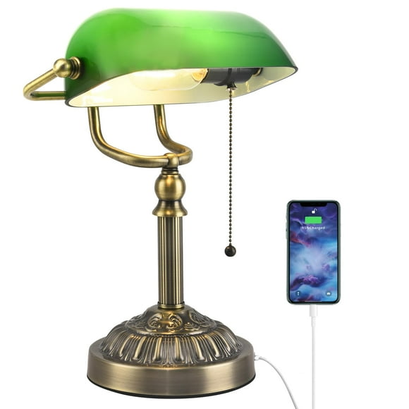 Lamp Rizzyluz Bankers Vintage Green Glass USB Port