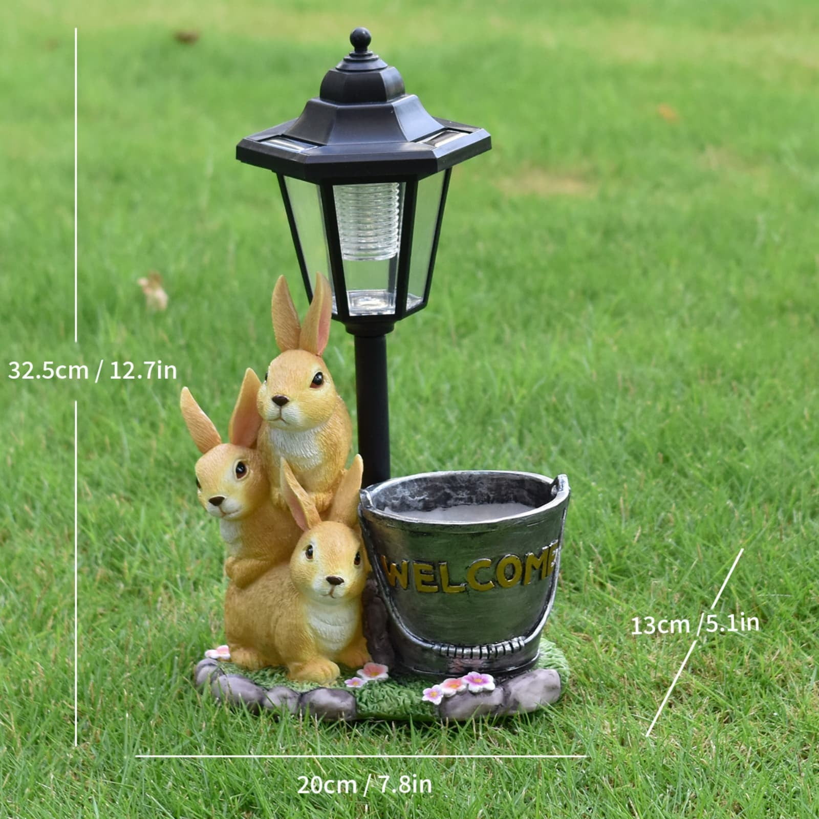 Rabbit Figurine Solar Garden Statue Outdoor with LED Lantern Light, Bunny Flowerpot Decor for Yard Art Lawn Ornaments, Patio Porch Balcony Decorations, Gardening Gifts for Women Mom Grandma