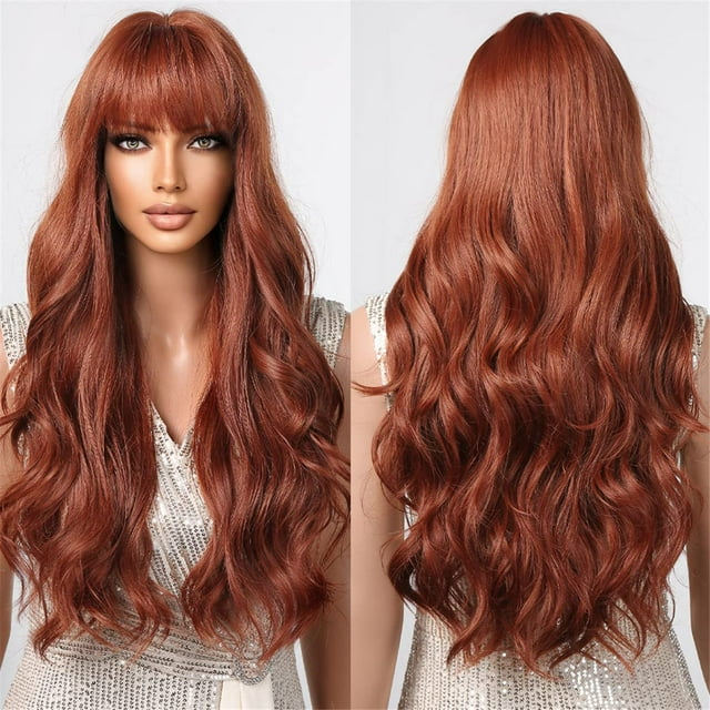 Perruques Longues Bouclées pour Femmes Perruques Ondulées Longues avec Frange Plate pour Filles Perruque Cosplay Remplacement de Cheveux pour Usage Quotidien Perruques A9