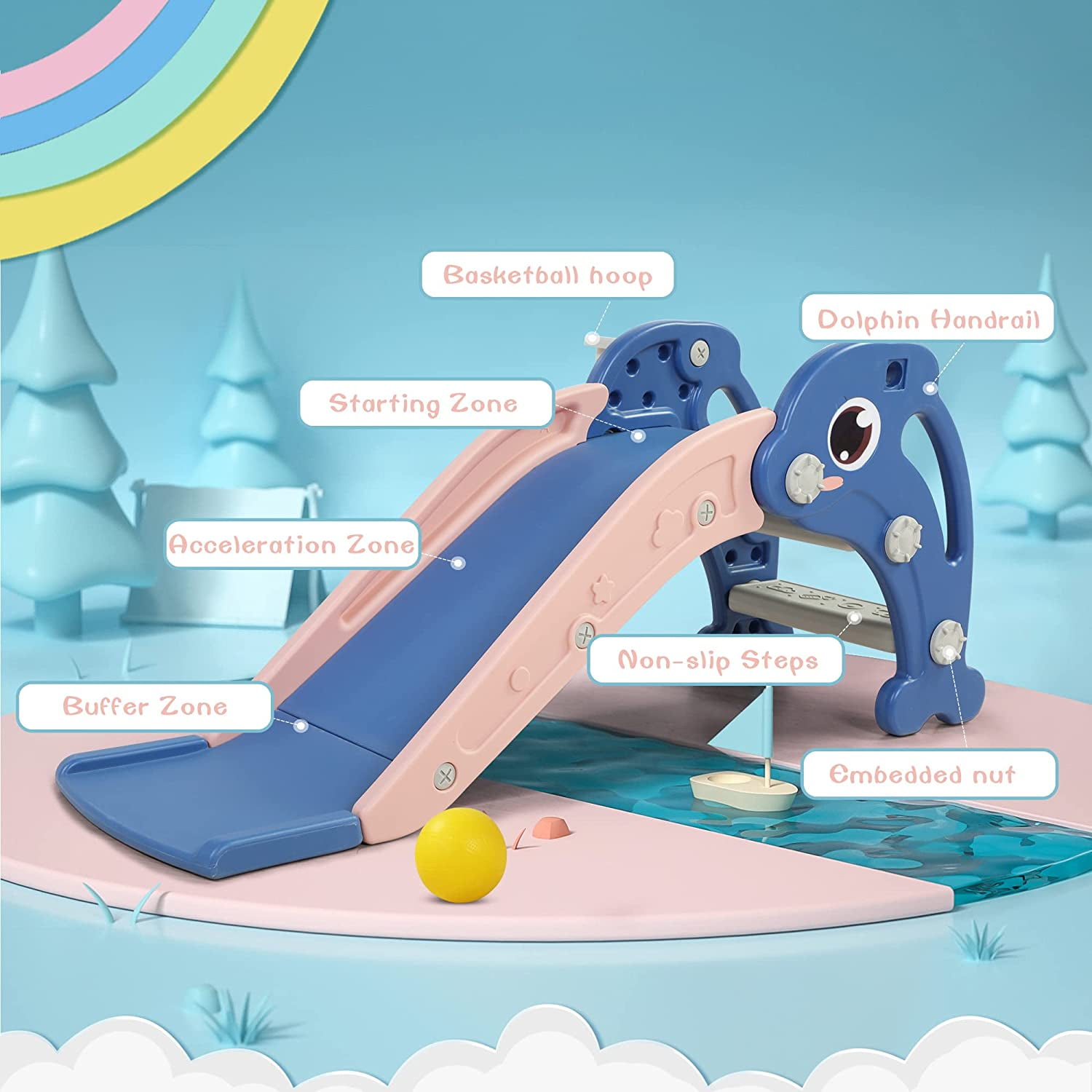 CIPACHO Kids Slide for Indoor and Outdoor, Freestanding Slide for Toddler Playground Slipping Slide Climber Toy Playset with Basketball Hoop & Ball, Blue CIPACHO Kids Slide for Indoor and Outdoor, Freestanding Slide for Toddler Playground Slipping Slide Climber Toy Playset with Basketball Hoop & Ball, Blue