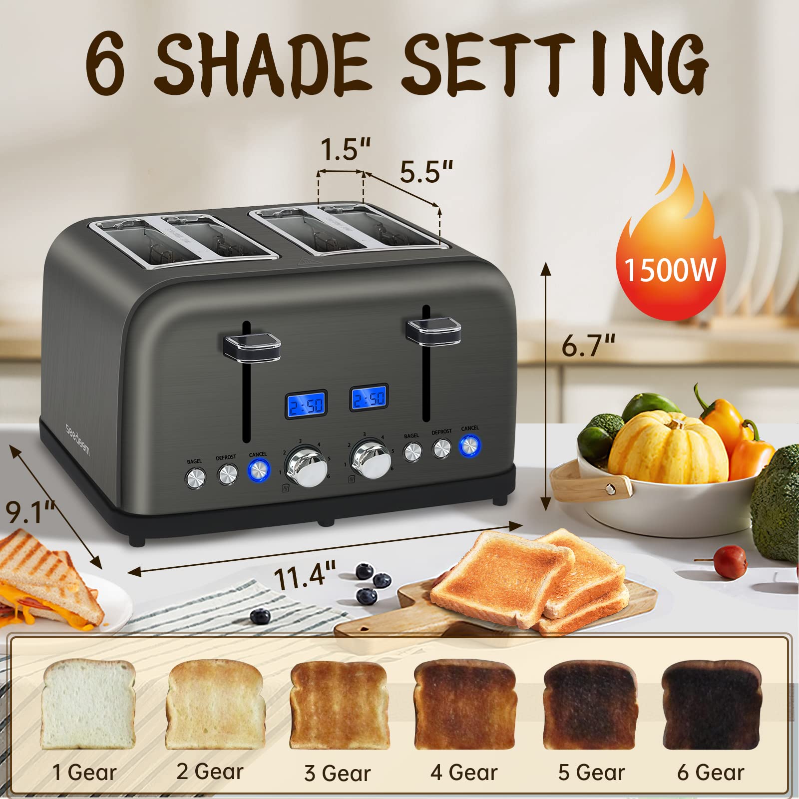 SEEDEEM Toaster 4 Slice, LCD Display, 6 Shade Settings Stainless Toaster,Dual Control, Removable Crumb Tray, 1500W, Dark Metallic