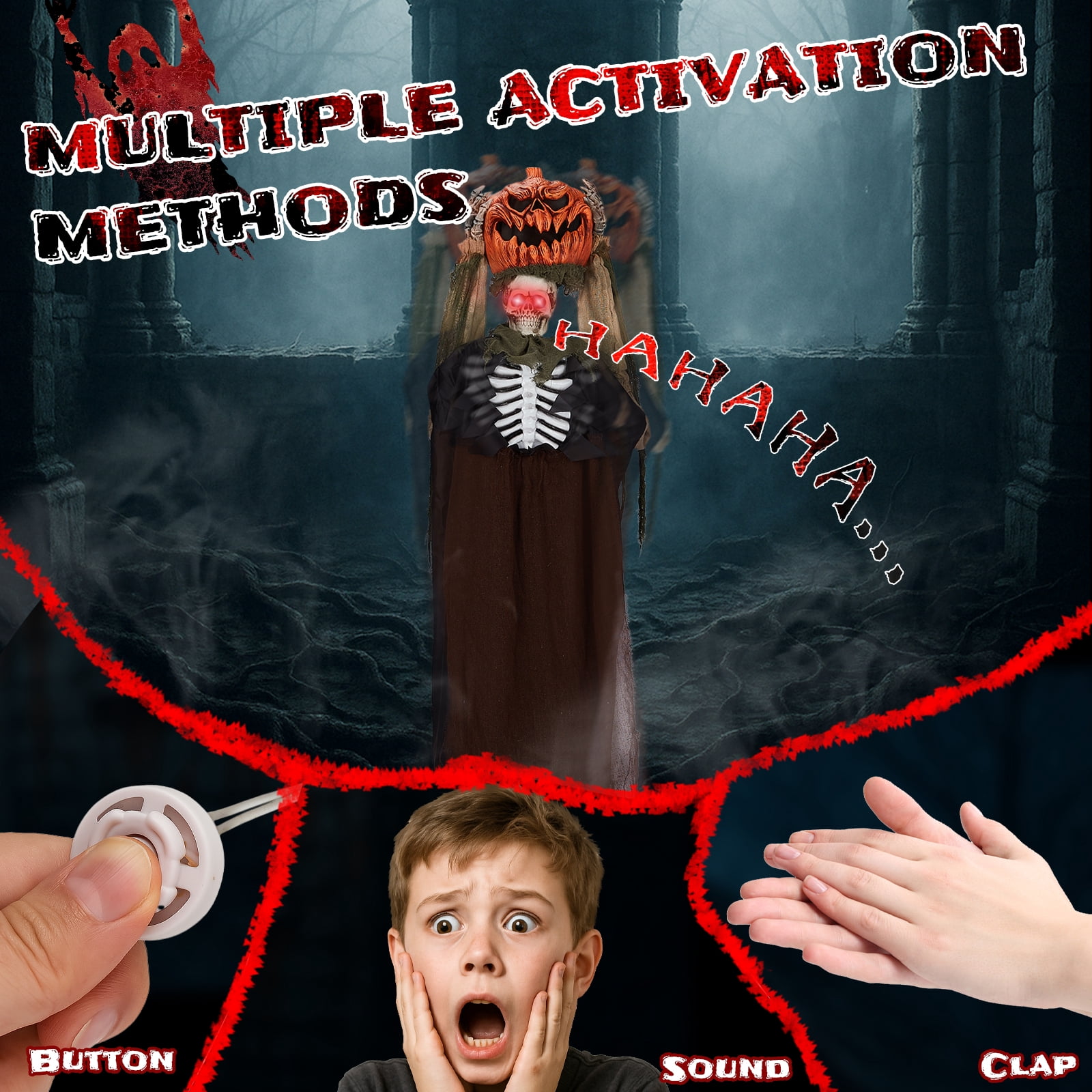 5.6ft Halloween Decorations Outdoor Life Size Animatronics Ghost with Pumpkin Head, Sound-Actived Party Decor with Creepy Sound , Scary Haunted House Props for Garden Yard Lawn