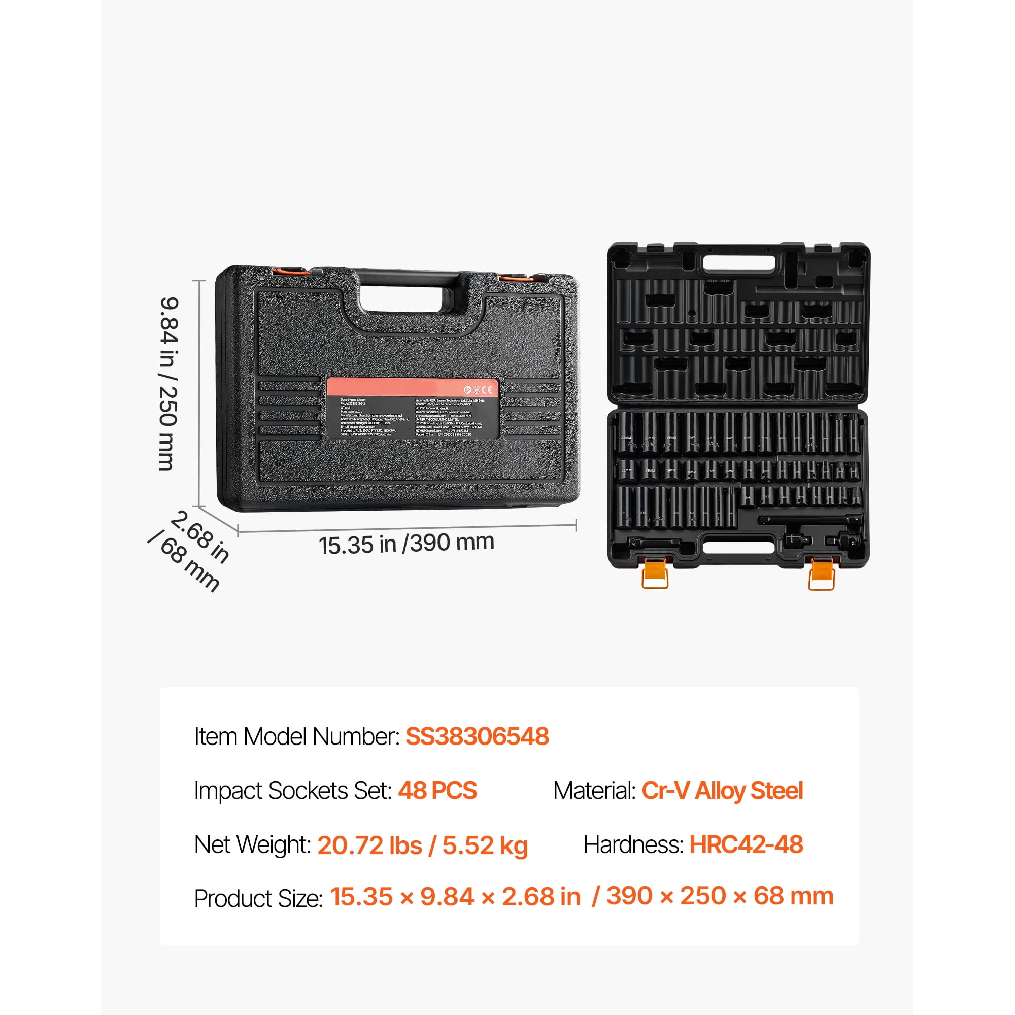 KFFKFF 48-Piece Impact Socket Set, 3/8" Drive, 6-Point SAE (5/16"-3/4") and Metric (8-19 mm, 21-22 mm), Cr-V Steel, Includes Extension Bar, Adapter, and Organized Storage Case