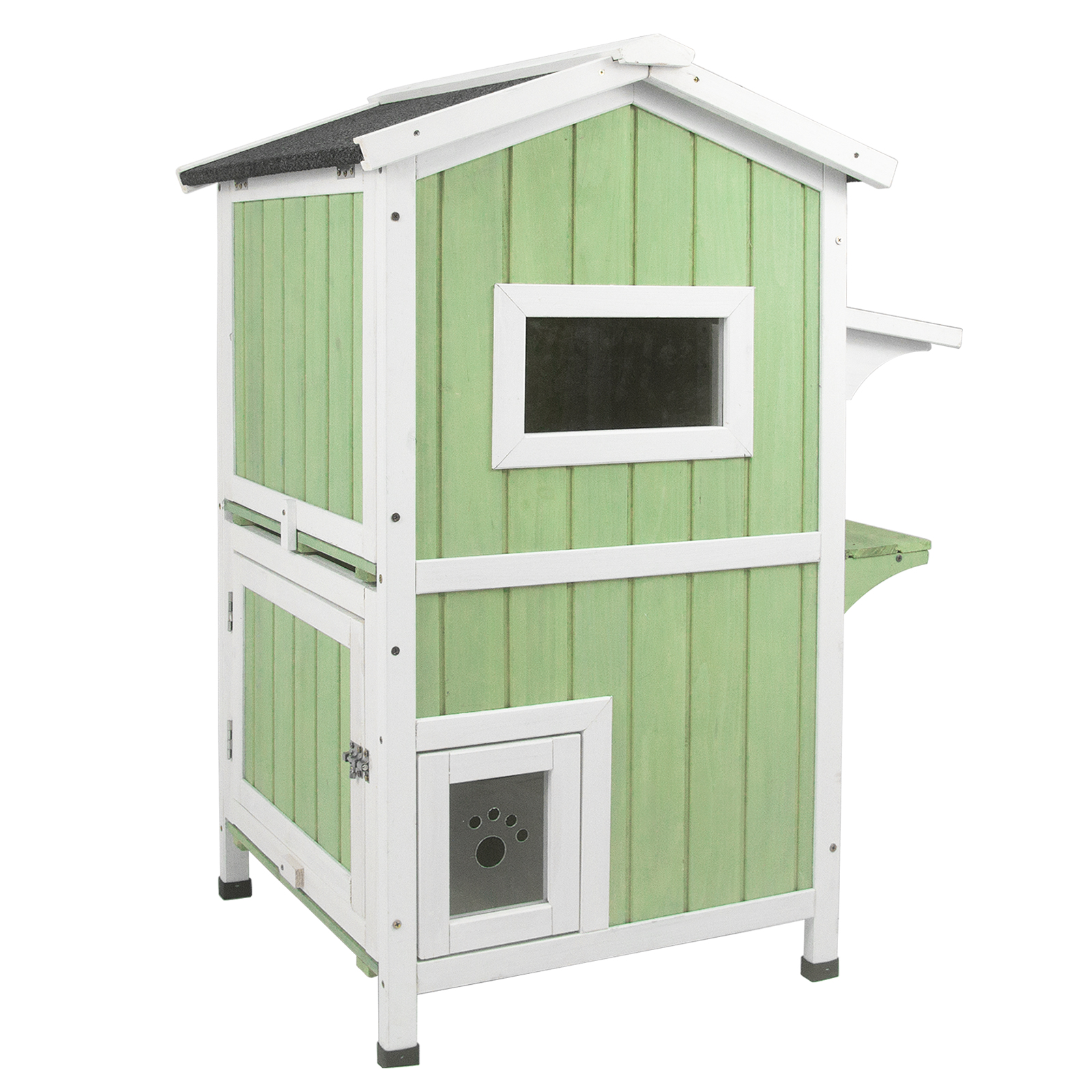 PETSCOSSET Cat House Outdoor Two-Story Wooden Feral Cat Shelter with Asphalt Roof, Green