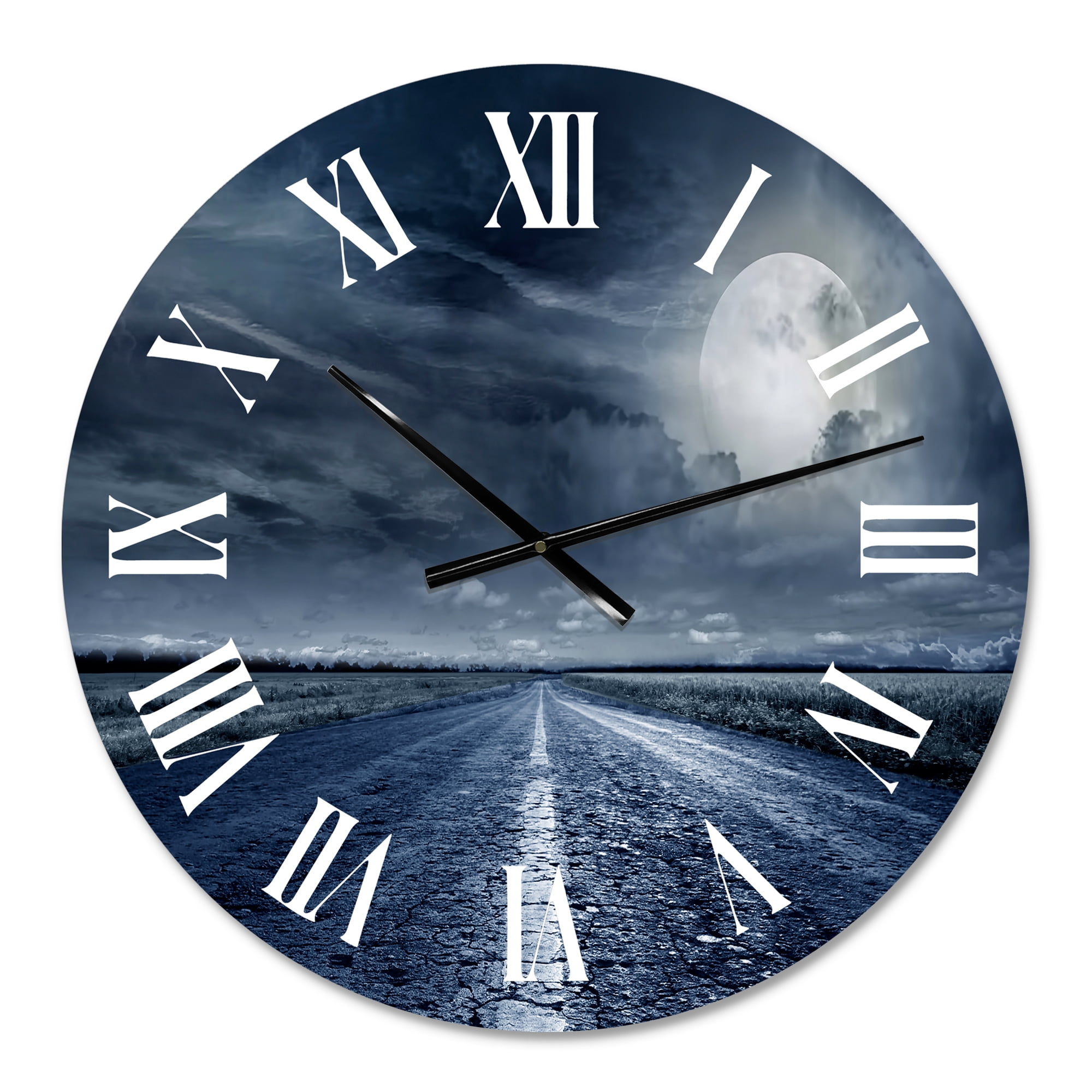 Designart 'Asphalt Road Under Cloudy Full Moon Ii' Nautical & Coastal Wall Clock