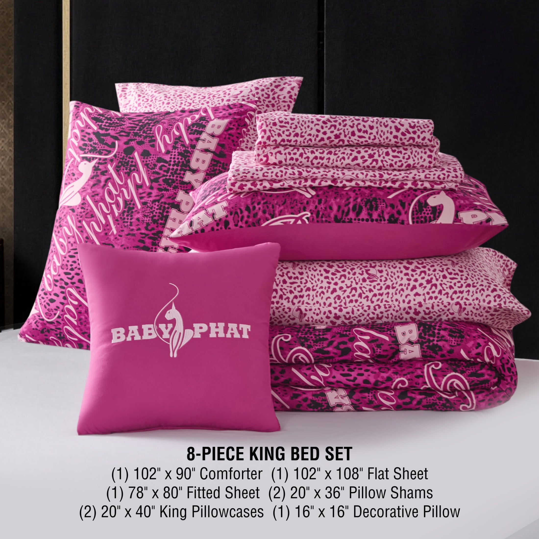 Baby Phat Tossed Logo 8-Piece Reversible Comforter Bed in a Bag, Pink, King