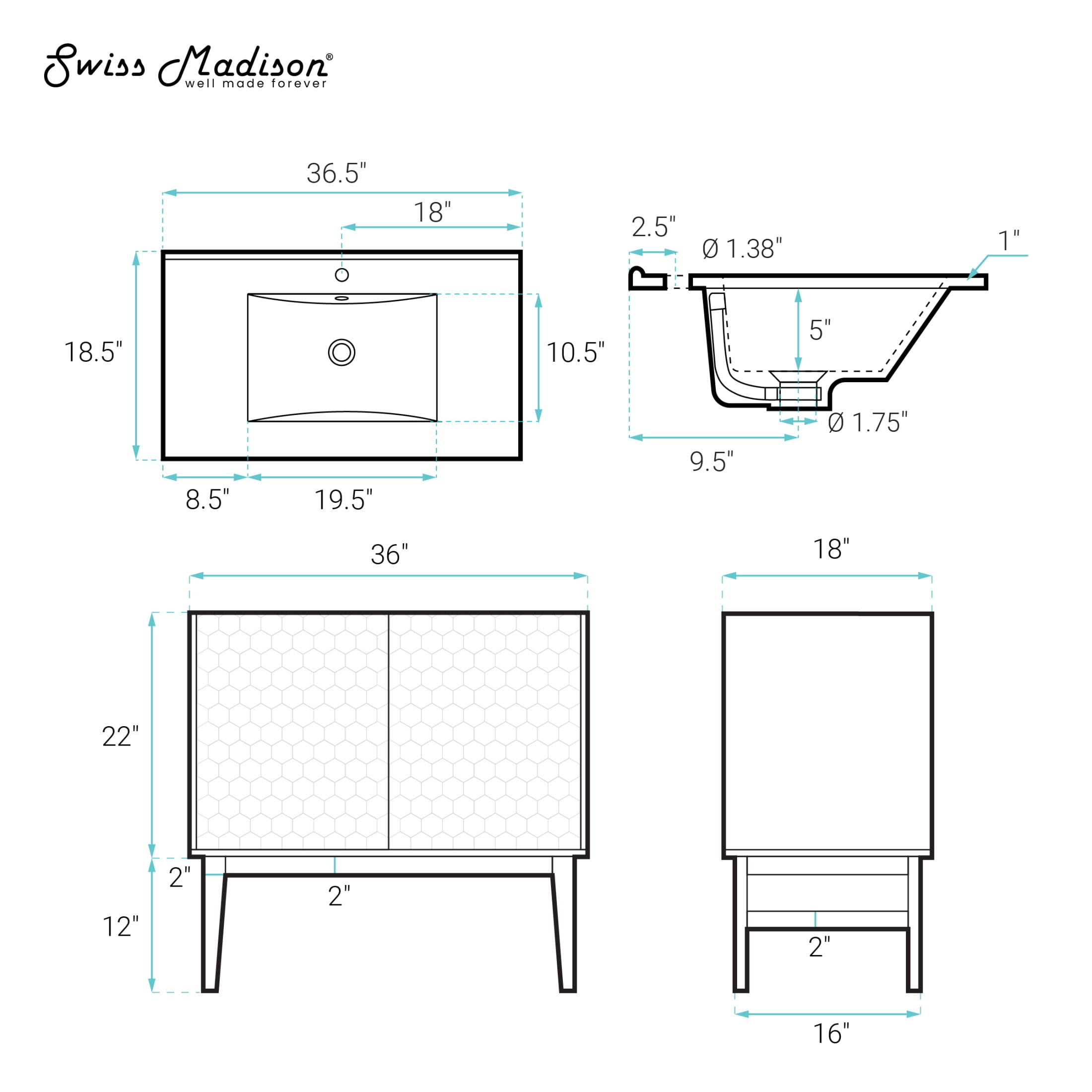 Bosse 36" Freestanding Bathroom Vanity in Natural Oak with Black Sink Top