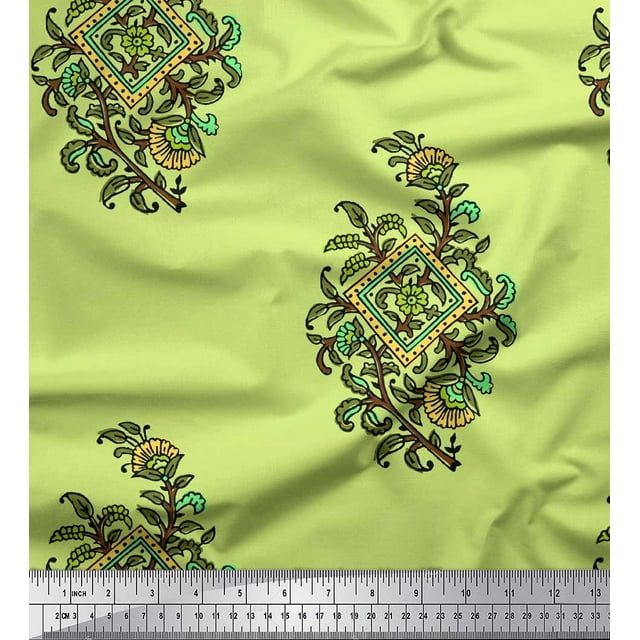 Soimoi Modal Satin Fabric Leaves & Floral Block Print Sewing Fabric Yard 42 Inch Wide