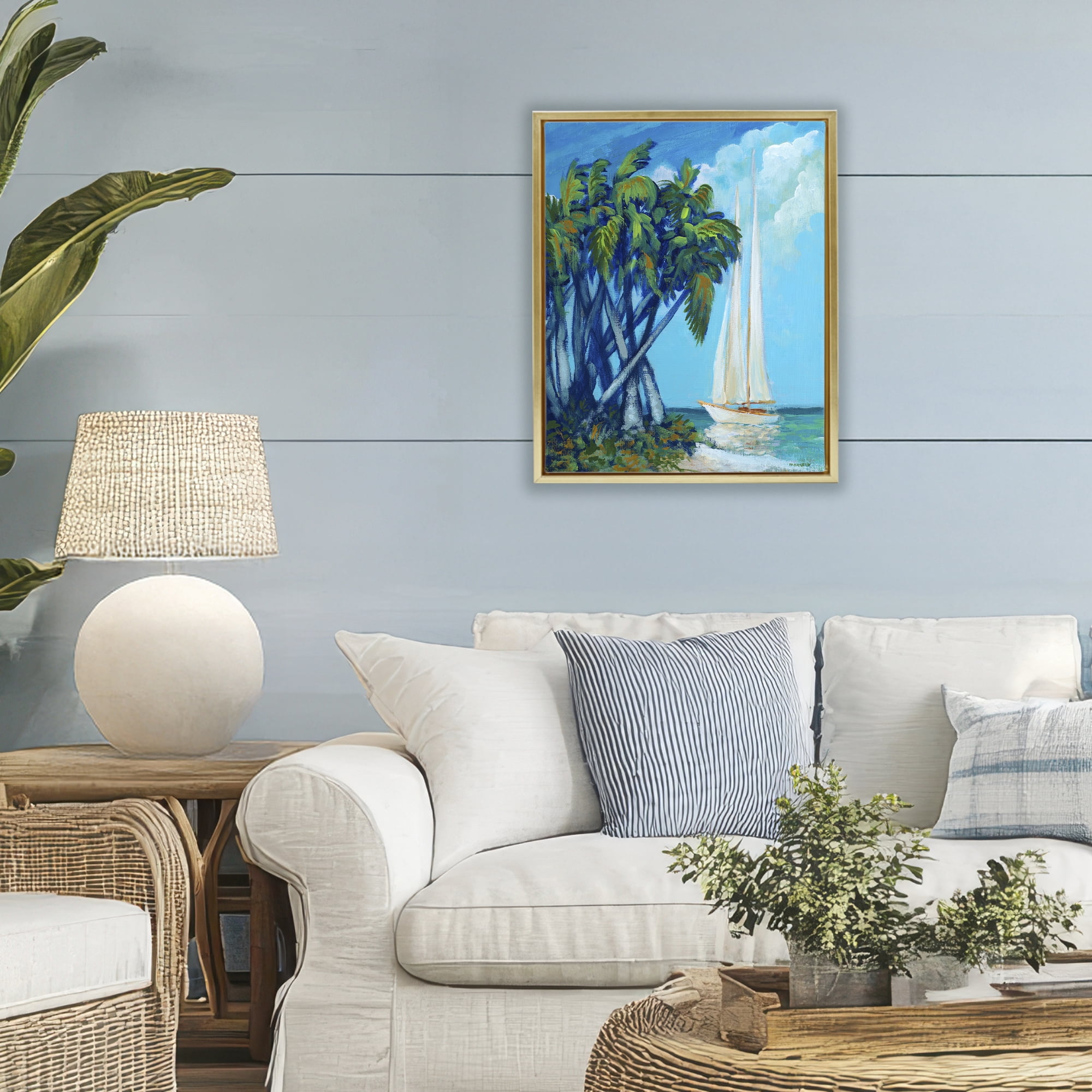 Stupell Industries Sailboat & Twisted Palms Gold Framed Floater Canvas Wall Art, design by Dan Meneely