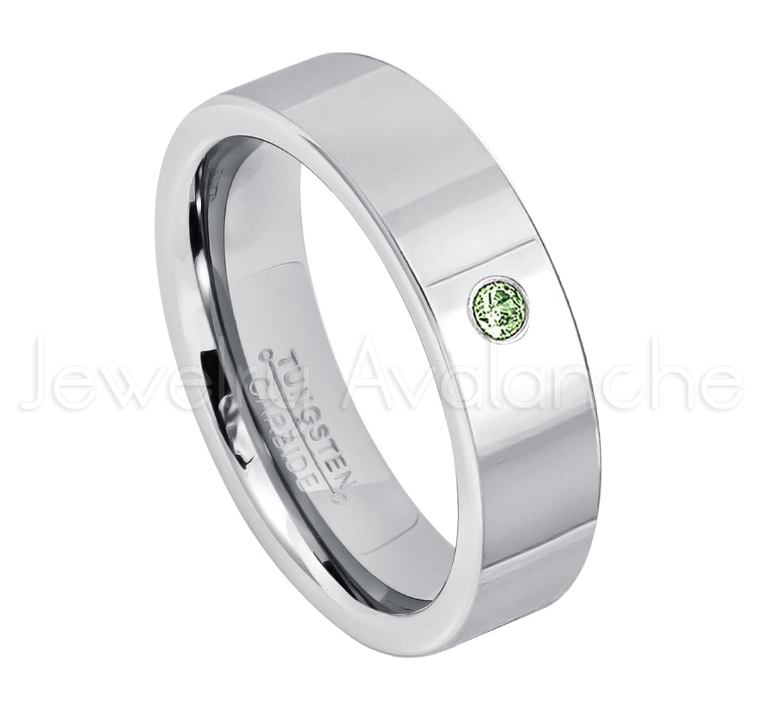 0.07ct Green Tourmaline Solitaire Ring 6mm Brushed Tungsten Wedding Band October Birthstone Ring