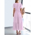 thumbnail image 2 of Light Pink Purple Womens Short Sleeve Maxi Dress High Waist Tiered A-Line Boho Flowy Beach Vacation Dress, 2 of 6