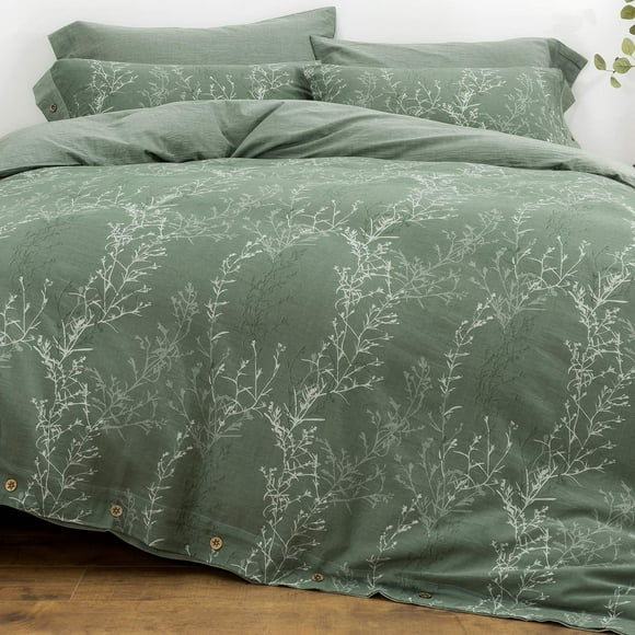 OREISE Duvet Cover Set Full/Queen Size Washed Cotton Yarn, Jacquard Green and White Thin Branch Pattern Floral Style 3Piece Bedding Set