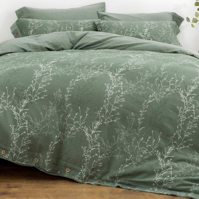 Oreise Juego De Funda Nórdica Tamaño Full/Queen Hilo De Algodón Lavado Jacquard Patrón De Rama Fina Verde Y Blanco Estilo Floral Juego De Cama De 3 Piezas