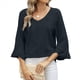 thumbnail image 2 of Camiseta de Mujer con Cuello en V, Mangas 3/4 con Volantes y Ojales, Blusa Informal, Estilo Túnica, Tendencia 2025 Negro XXL, 2 of 9