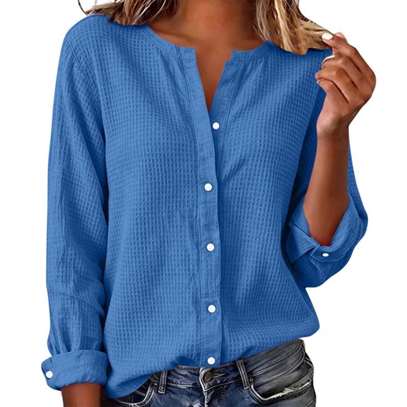 AKOEE Women's Long Sleeve Button Down Shirts Collarless V Neck Waffle Blouses Solid Color Loose Fit Tops (XL, Blue)