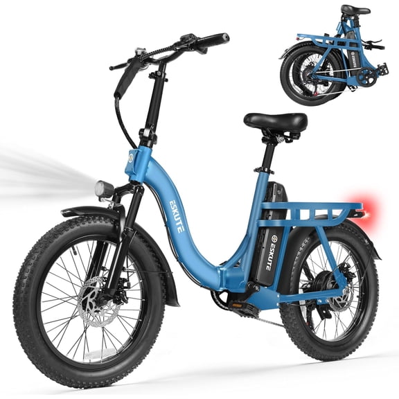 ESKUTE Blue Electric Bike for Adults – 1200W Peak Motor, Folding 20x3 Fat Tire E‑Bike, 500W Motor 48V 10.4Ah Battery, Step‑Through Cargo Fold Ebike, NFC Unlock, 19.5 MPH, 7‑Speed, Up to 55 Miles