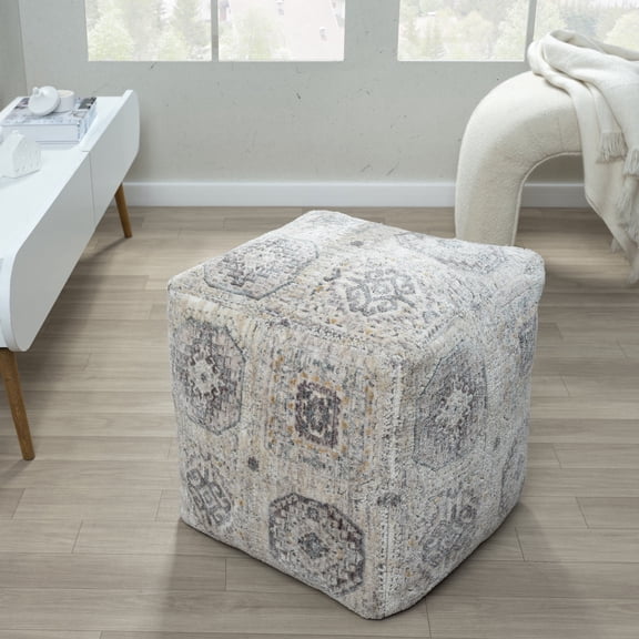 Ox Bay Vinita Square Light Gray/Ivory Medallion Distressed Indoor Pouf Ottoman,18"H x 18"W