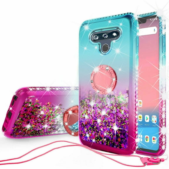 Noir Case for LG Stylo 6 / Stylo 6 Plus Case Ring Kickstand w/ Tempered Glass Screen Protector Liquid Quicksand Glitter Cute Bling Girls Women [Shock Proof] - Ring Teal