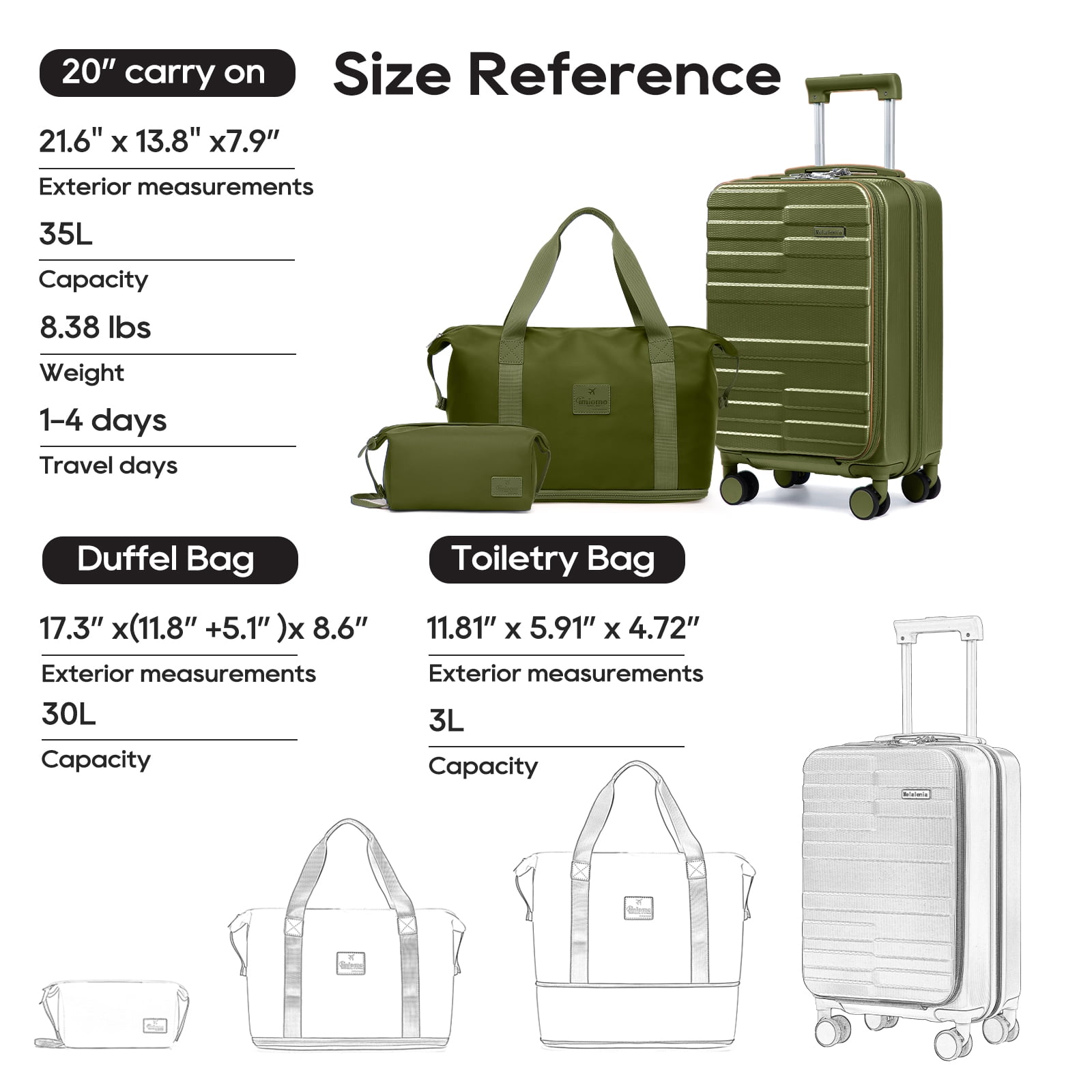 Joyway 3-Piece Front Opening Cover Carry-on Luggage Side Hooks TSA Lock Spinner Wheels YKK Zippers