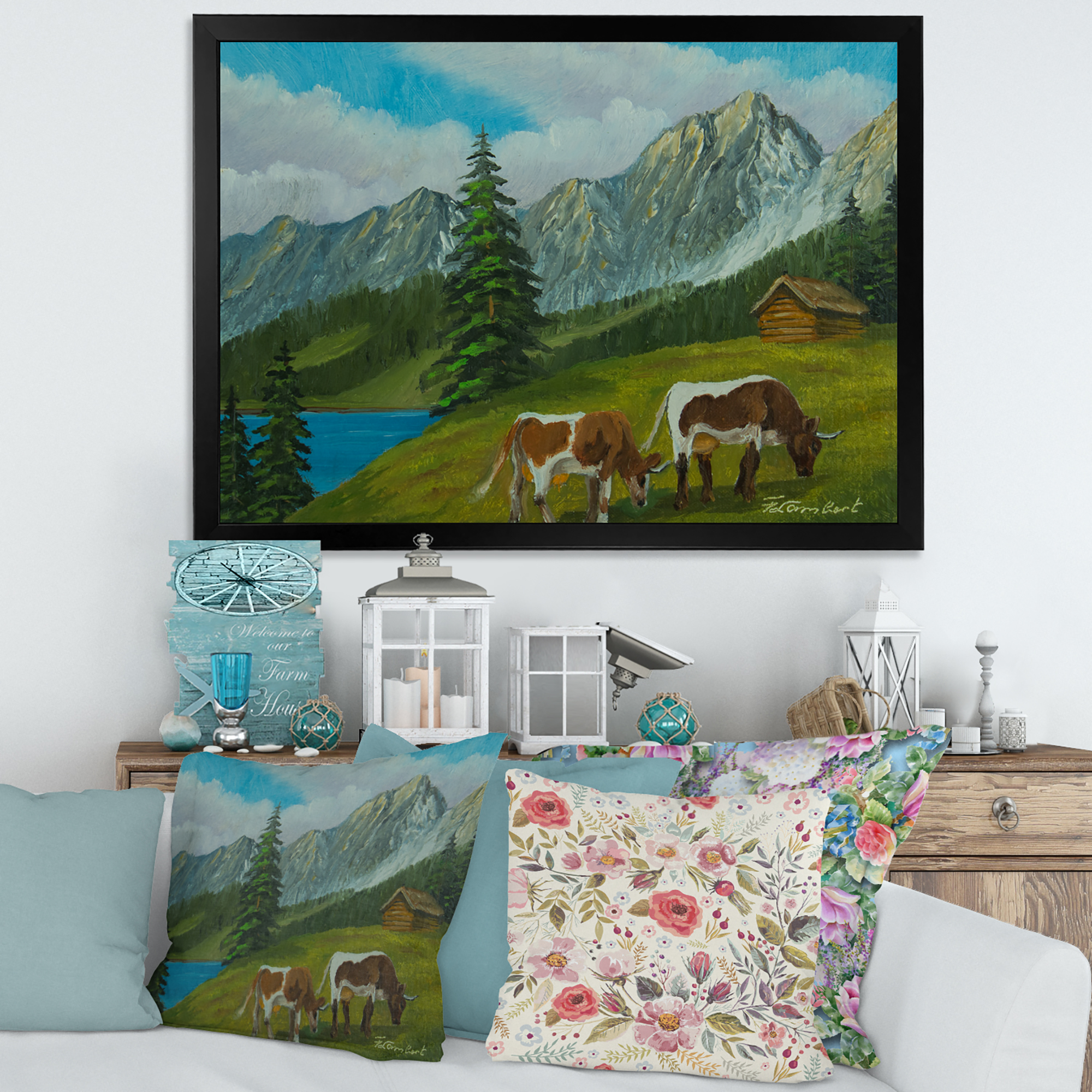 Designart 'Cows On A Green Meadow With Mountain Landscape With ' Farmhouse Framed Art Print