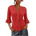 thumbnail image 3 of Women's Solid Color Pleated Trumpet Sleeve Top T-Shirt Blouse Summer Casual Daily Wear Crewneck Mid Sleeve Fashion Essential Gift for Women | Aestivo,Red XL, 3 of 9