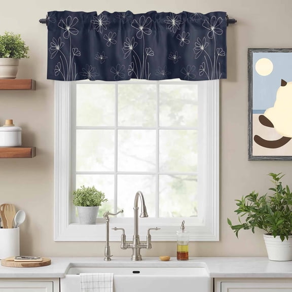 Rustic Flower on Navy Blue Valances for Windows,Rod Pocket Valance for Kitchen Bedroom Bathroom Living Room,Minimalistic Abstract Floral Window Valance Curtain Home Decor Short Curtains 54x18in