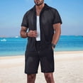 thumbnail image 5 of Men Mesh 2 Piece Outfits See Through Casual Shirts and Shorts Hollow Out Mid Shorts Set Black XXL, 5 of 8